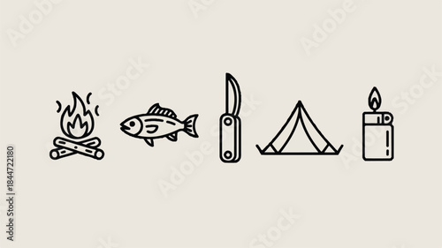 Camping icons set for outdoor adventure
