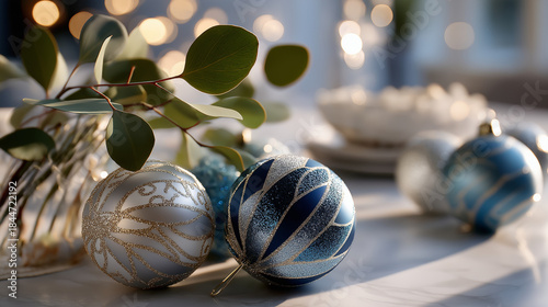Elegant Christmas still life with blue and silver ornaments arranged on a clean surface, soft natural light, modern minimal styling, professional commercial photography look