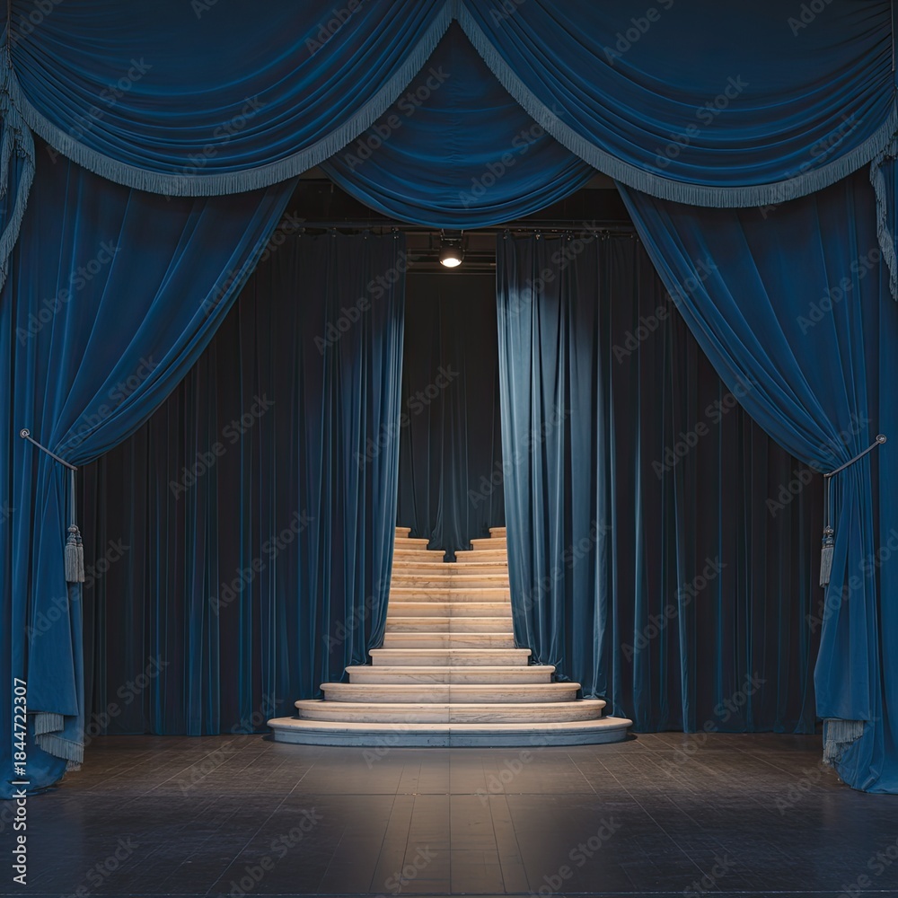 Fototapeta premium Grand staircase behind blue curtains with dramatic theatrical lighting