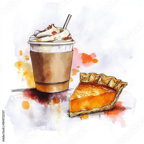 Pumpkin spice latte and pie with whipped cream and cinnamon in watercolor style