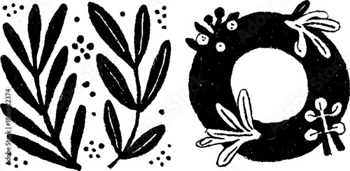 Silhouette drawing of leaves and a circular floral element. This black and white vector illustration features hand-drawn outlines in a set.