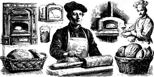 Vintage baker engaging in bread preparation. Hand-drawn vector illustration featuring tools, an oven, and woven baskets in a bakery set.