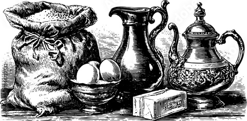 Antique engraving set of kitchenware items: a sack, jug, bowl, and ornate bottle. Vintage line vector illustration showcasing timeless design elements.