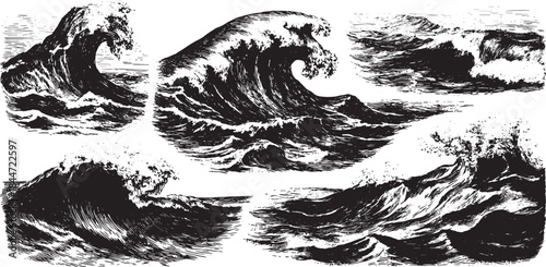 Wave illustrations in vintage engraved style. Black and white vector illustration showcasing ocean movement and coastal textures.