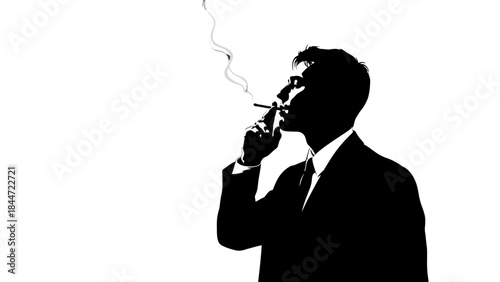 Silhouette of a stylish man smoking a cigarette with smoke, isolated white background.