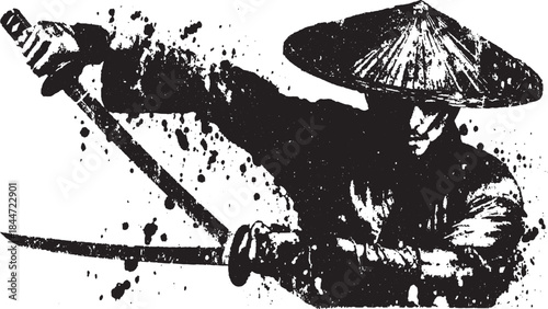 Dynamic swordsman silhouette with katana. Grunge black and white vector illustration showcasing martial art movement and strength.