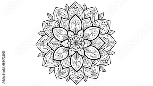 Radiant Mandala: An intricate mandala design, meticulously crafted with symmetrical patterns, radiating peace and harmony.