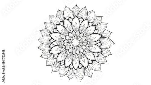Intricate Floral Mandala: A detailed black and white mandala, a symbol of mindfulness and inner peace, its concentric patterns radiating outwards