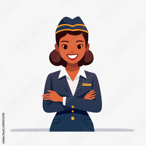 Confident female flight attendant standing with arms crossed and smiling warmly, embodying professionalism and hospitality, in a bright studio.