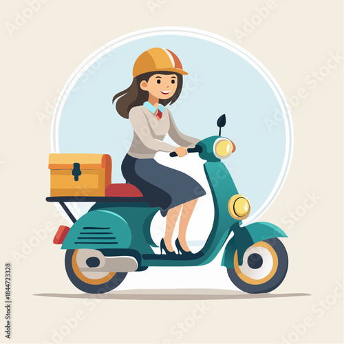 Smiling female business person riding a blue scooter with a delivery box, offering efficient courier service on an isolated white background