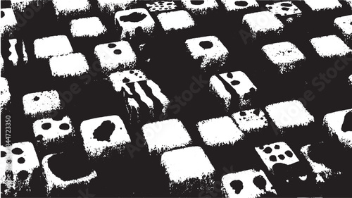Dice cubes with varied patterns in black and white. Textured surfaces create an engaging vector illustration set.
