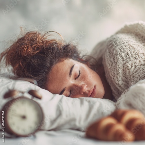Young caucasian female sleeping peacefully with alarm clock and croissants in cozy setting