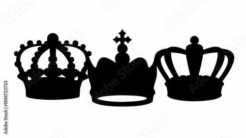 Antique royal crown insignia silhouettes, classic regal symbols for heraldry, monarchy, and luxury themes.