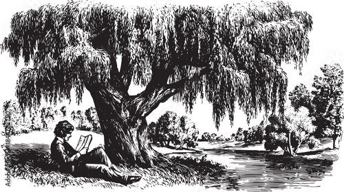 A vintage black and white engraving of a man reading under a willow tree by a scenic water landscape. This vector illustration captures a serene outdoor scene.