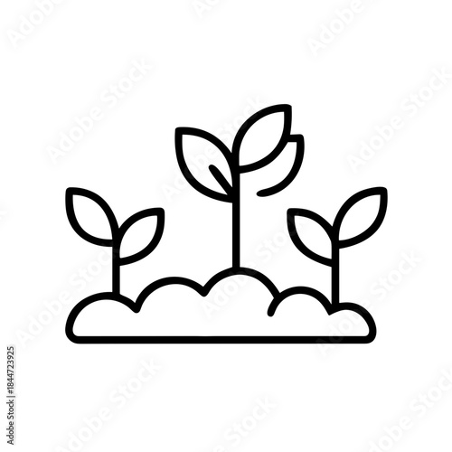 Line drawing of three green plants growing in the ground  