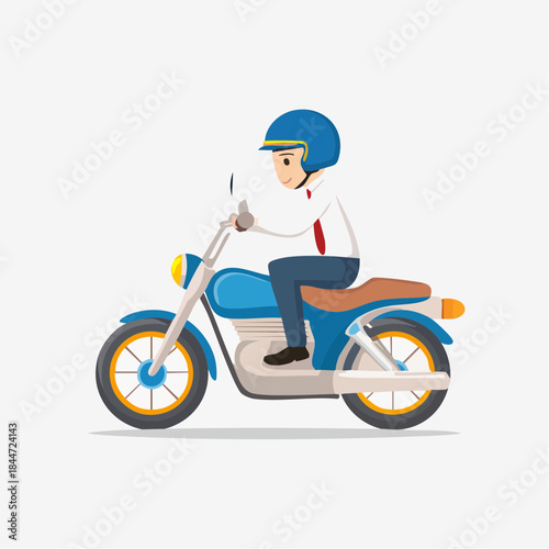 Confident male rider in a blue helmet and tie, commuting on a blue motorcycle, enjoying independent travel, in a bright studio.