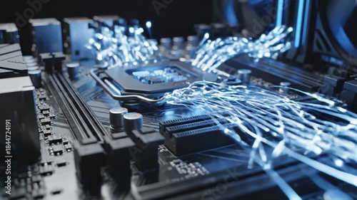 High Tech Motherboard with Glowing Lights - A close-up studio shot showcases a modern motherboard with glowing blue fiber optic style lights emanating from the CPU socket.