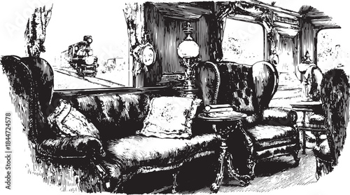 Vintage train carriage interior featuring a detailed sofa, lamp, and window view. Elegant vector illustration showcasing classic design elements.