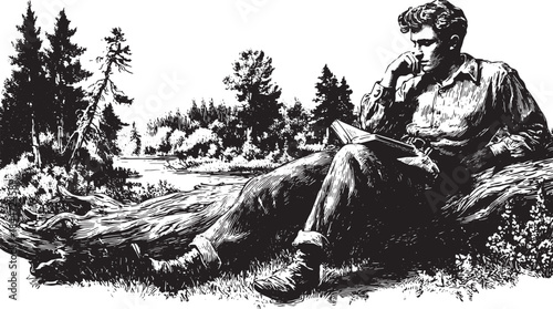 Man reading a book in a vintage black and white illustration. This set showcases nature with trees and a river in a calm scenery, perfect for relaxation.