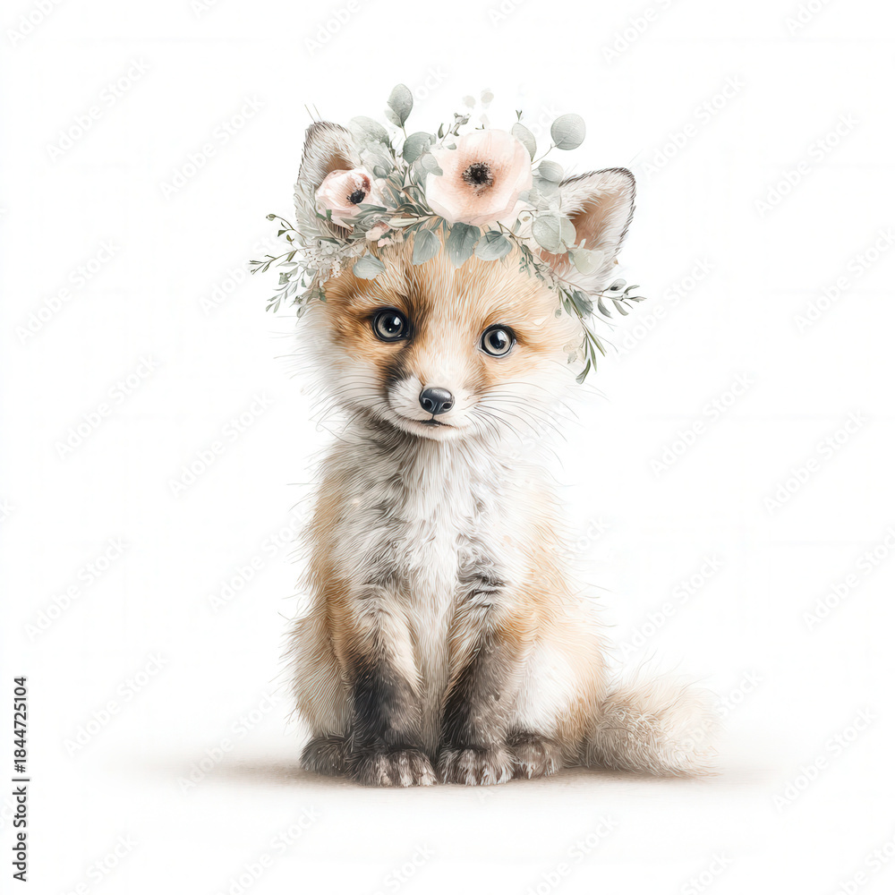 Obraz premium Adorable fox cub with floral crown on white background
