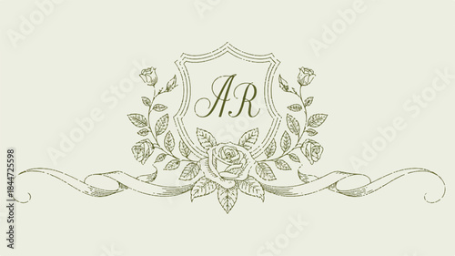 Vintage floral crest with ribbon and monogram AR