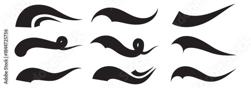 Calligraphic swoosh tail set, underline marker strockes. Baseball swoosh tails, isolated black vector. Hand drawn collection of curly swishes, swashes, swoops.