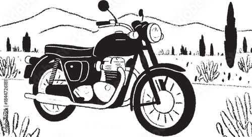 Motorcycle illustration in black silhouette style. Simple vector set featuring a vintage bike against a scenic landscape with mountains and nature.