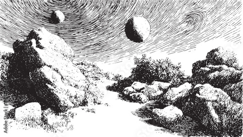 Rocks and wilderness landscape with planets in the sky. Detailed black and white vector illustration depicting abstract nature scenery.