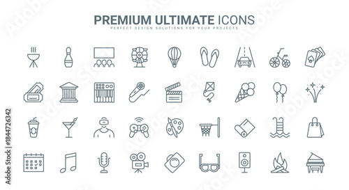 Entertainment and leisure thin line icons set vector illustration. Outline microphone and camera, movie clapboard and cinema theater, controller and gadget to play virtual game, museum tickets