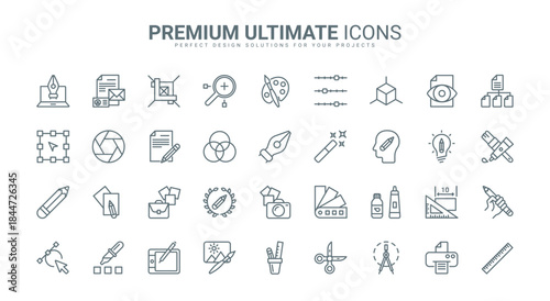 Graphic design thin line icons set vector illustration. Outline tools for creative projects of designer, software and stationery for interface panel in mobile app, pack for creators portfolio