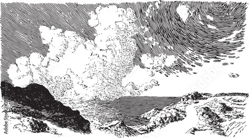 Clouds over the ocean in a scenic landscape illustration. Black and white vector drawing captures a natural coastal view in detail.