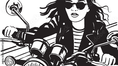 Biker woman on a motorcycle wearing a leather jacket and sunglasses. Black and white vector illustration with a stylish design.