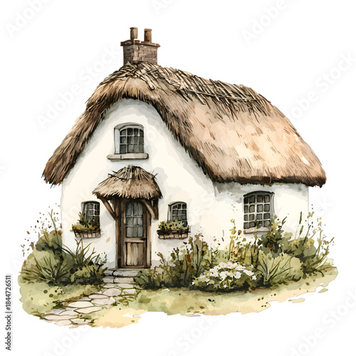 Quaint Rustic Thatched Roof Cottage with Garden Illustration
