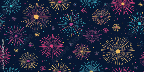 Colorful floral seamless vector pattern with fireworks and star backgrounds for holiday celebration decoration