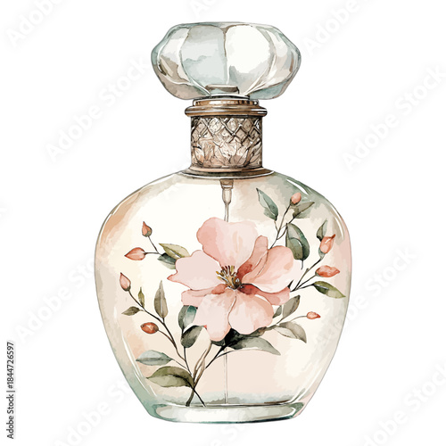 Watercolor Floral Perfume Bottle with Pink Flower Illustration
