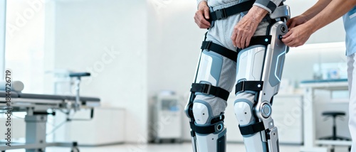 A healthcare professional assists a patient with a robotic exoskeleton for leg rehabilitation in a medical facility.