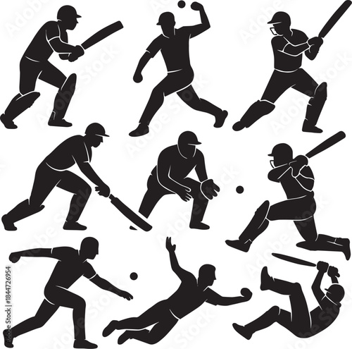 Cricket player silhouette vector set, batsman hitting ball action poses