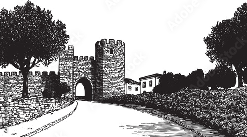 Castle tower with stone wall and archway. Black and white vector illustration set in a rural landscape with trees along a road.