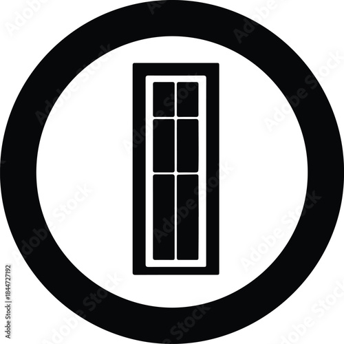 Vector narrow vertical six pane window door icon inside a bold black circle silhouette Illustration