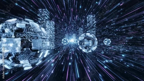 Abstract Data Stream with Spheres - This video features an abstract visualization of a data stream, with multiple spheres floating within a tunnel of light streaks and glowing particles.