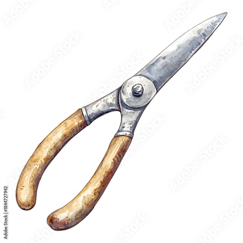 Vintage Garden Shears Illustration with Wooden Handles
