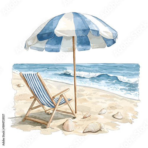 Watercolor Blue Striped Beach Chair Umbrella Seascape Vector Illustration
