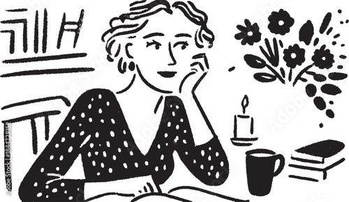 A woman in a black and white illustration. She sits casually, in thought, with a candle and coffee cup nearby. Simple vector design emphasizing a modern lifestyle.