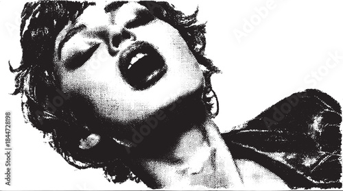 Woman's face with expressive emotion in a black and white vector illustration. Artistic design emphasizing bold and modern elements.