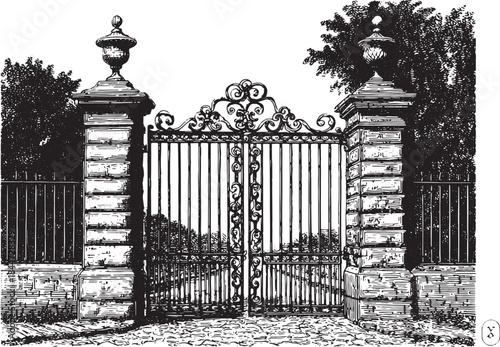Ornate wrought iron gate with stone pillars. Vintage illustration showcasing an elegant entrance to a garden landscape in black and white vector format.
