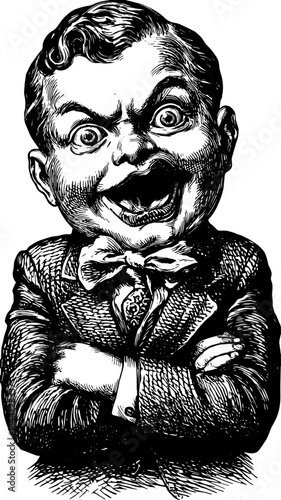 Engraved character illustration with a bowtie in vintage style. This black outline artwork features a quirky expression, ideal for retro-themed vector sets.