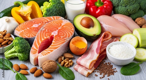 Healthy balanced diet concept with protein rich foods fresh vegetables and assorted nuts