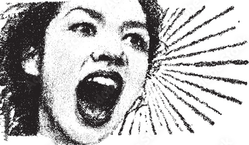 Woman screaming in black and white graphic illustration. Isolated portrait with expressive lines and dynamic patterns. Vector art.