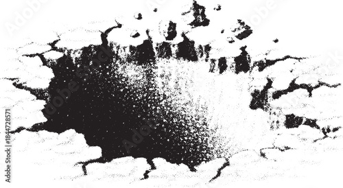 Crack in a wall showcasing broken texture. Black and white vector illustration with detailed abstract design.