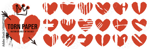 Torn red heart set with paper cuts for valentine day collage and frame.